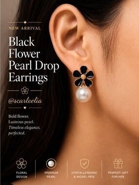 [JUST IN] Black Enamel Flower Pearl Earrings Chic Gold Statement Jewelry